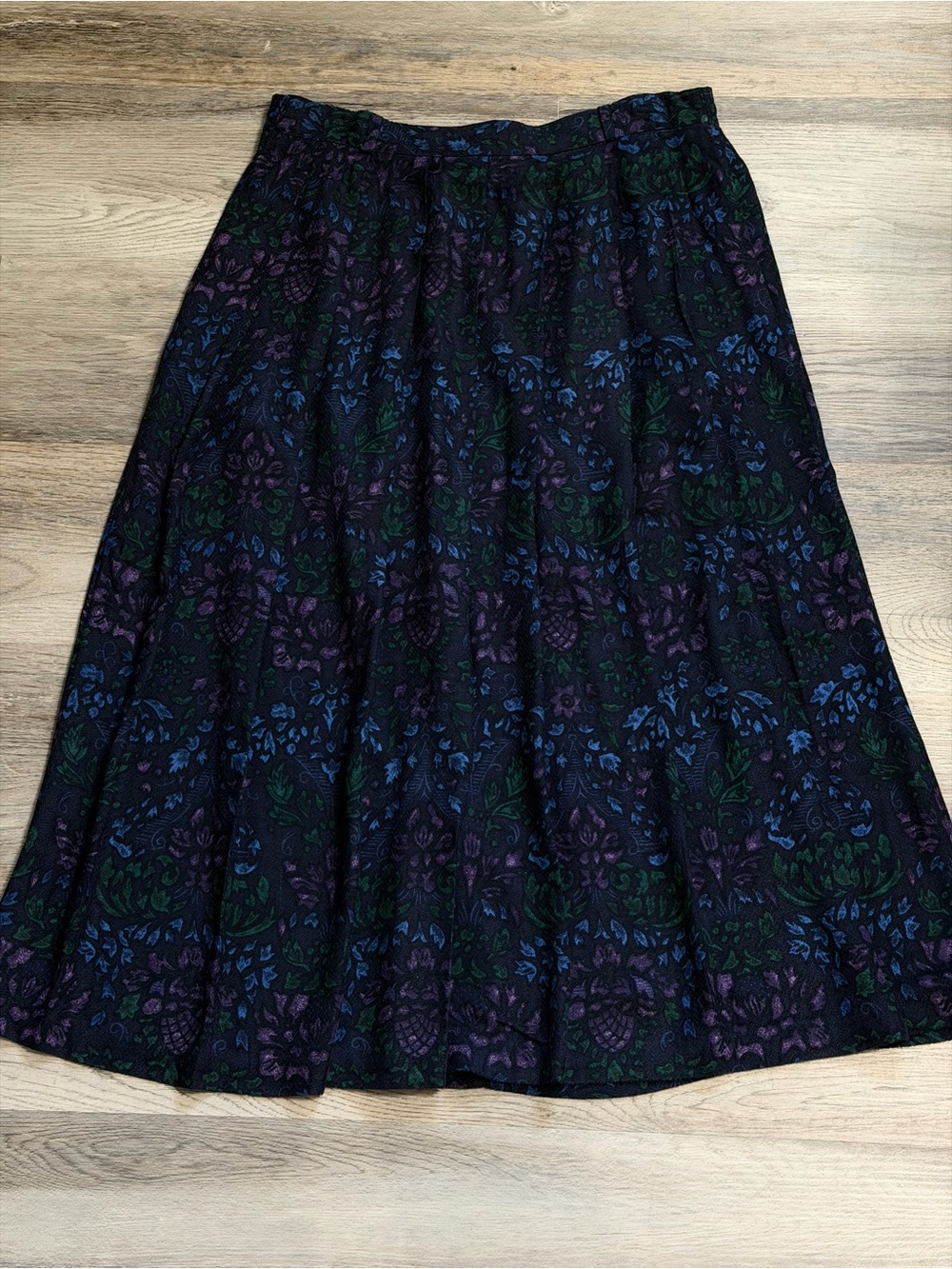 Sag Harbor Black A-Line Midi Skirt with Blue, Purple & Green Floral Print